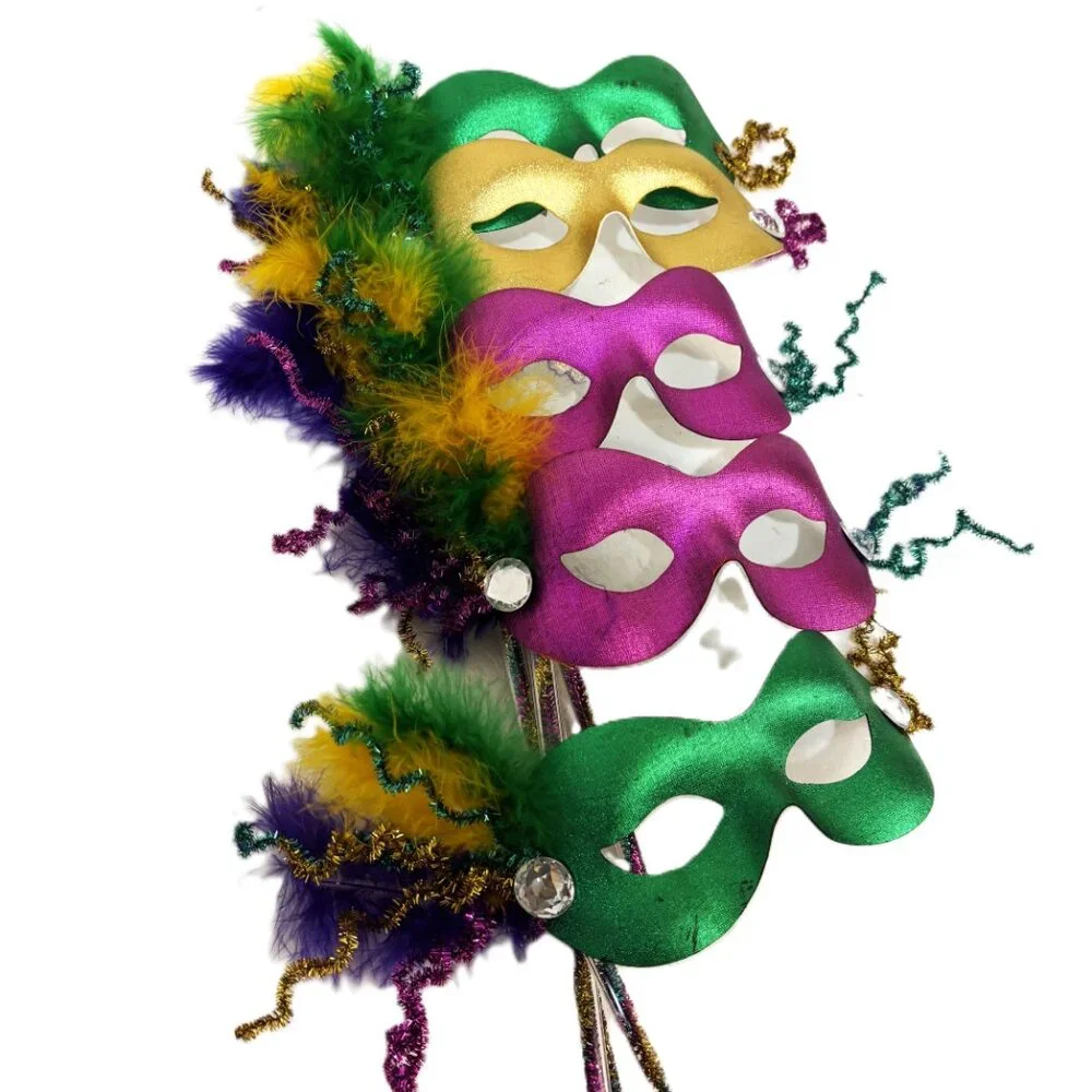 Mardi Gras Masks Set of 5 Colorful Harlequin on Sticks NWT NOS